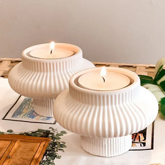 Scandinavian Ribbed Ceramic Candle Holder